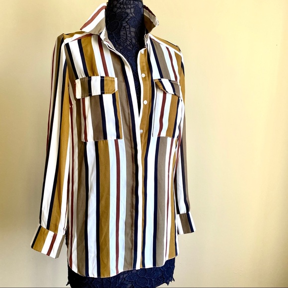 Green Olive White Stripe Long Button-down Blouse 6 - Picture 14 of 16